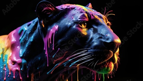 3D render of a panther covered in rainbow coloured paint. paint is dripping photo