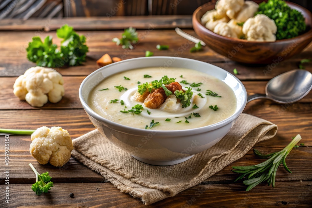 Creamy roasted cauliflower soup served in a white bowl on a rustic wooden background, garnished with fresh herbs, perfect for a healthy cuisine cookbook or restaurant menu. Creamy roasted cauliflower soup served in a white bowl on a rustic wooden background, garnished with fresh herbs, perfect for a healthy cuisine cookbook or restaurant menu.