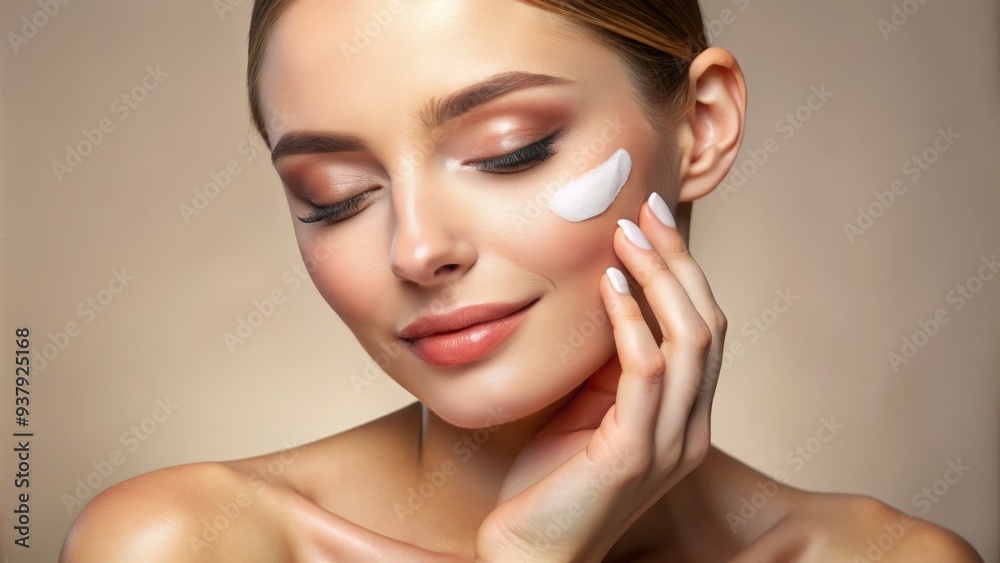 Creamy white moisturizer being applied to smooth female skin, highlighting hydrated complexion and radiant glow, with subtle shine and gentle, soothing motion. Creamy white moisturizer being applied to smooth female skin, highlighting hydrated complexion and radiant glow, with subtle shine and gentle, soothing motion.