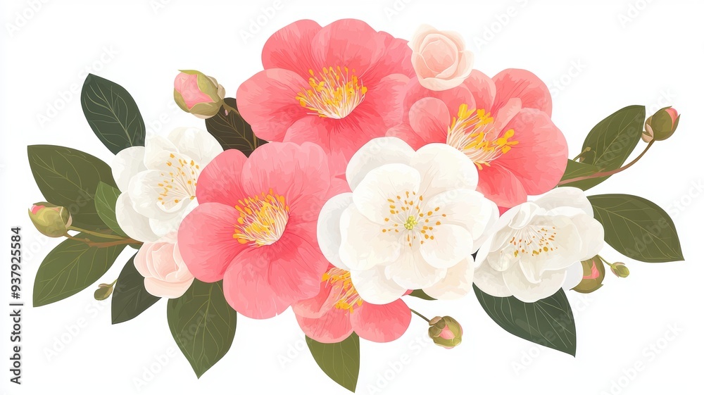 Obraz premium Camellia bouquet, isolated on white background, flat design illustration
