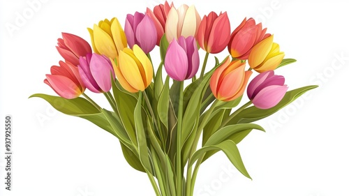 Colorful tulip bouquet, isolated on white background, flat design illustration