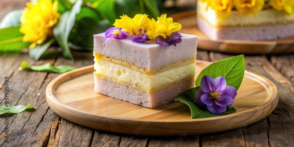 Delicate chiffon cake filled with creamy Thai taro custard, adorned with fresh taro and bright yellow flowers, served on a rustic wooden plate. Delicate chiffon cake filled with creamy Thai taro custard, adorned with fresh taro and bright yellow flowers, served on a rustic wooden plate.