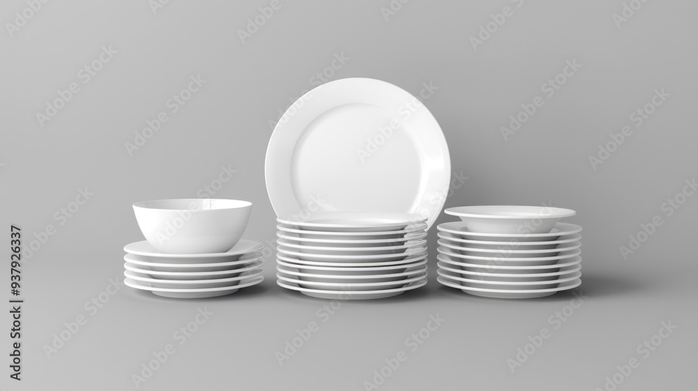 A stack of white plates and cups on a gray surface A stack of white plates and cups on a gray surface