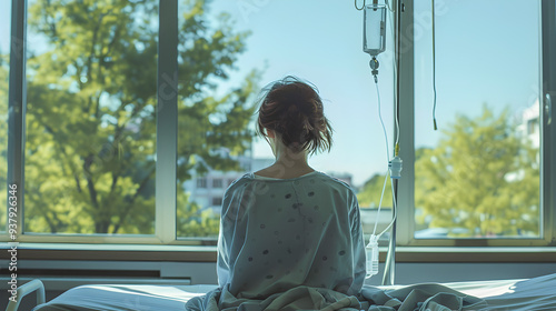 
A woman sitting on a hospital bed facing a window with an IV drip attached photo