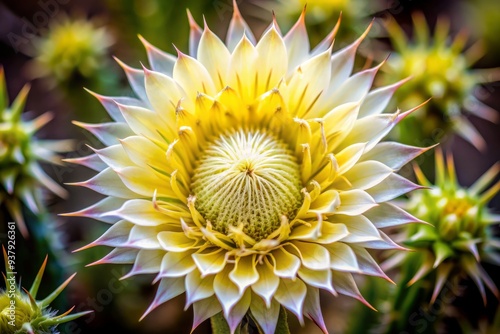 Delicate, pale yellow petals surround a intricate, thorny center in a crown of thorns flower, symbolizing sacrifice and beauty in a stunning, close-up botanical portrait.