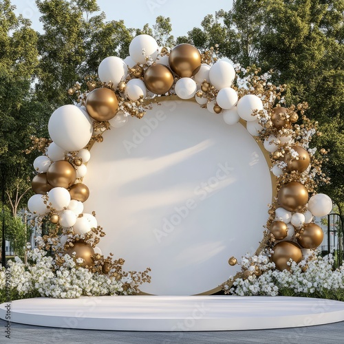 Elegant Outdoor Event Backdrop with Balloon Garlands and Floral Accents in Park Setting