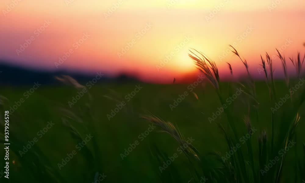 A dazzling sunset behind a high grass with a pink sky