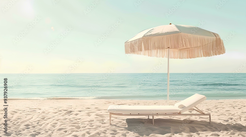 Fototapeta premium beach umbrella with fringes stands on the white sand of an empty ocean shore, lounge chair made from light wood and white fabric, scene relax atmosphere, vibes reminiscent of travel brochure