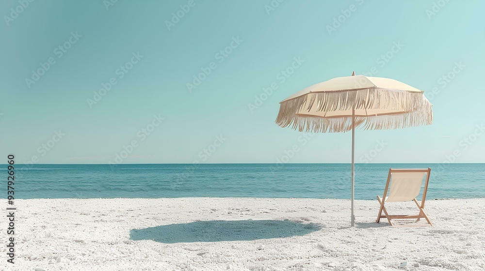 beach umbrella with fringes stands on the white sand of an empty ocean shore, lounge chair made from light wood and white fabric, scene relax atmosphere, vibes reminiscent of travel brochure beach umbrella with fringes stands on the white sand of an empty ocean shore, lounge chair made from light wood and white fabric, scene relax atmosphere, vibes reminiscent of travel brochure