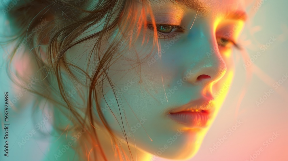 Soft light illumination,female face and subtle blurred backdrop, serene pastel color palette Soft light illumination,female face and subtle blurred backdrop, serene pastel color palette
