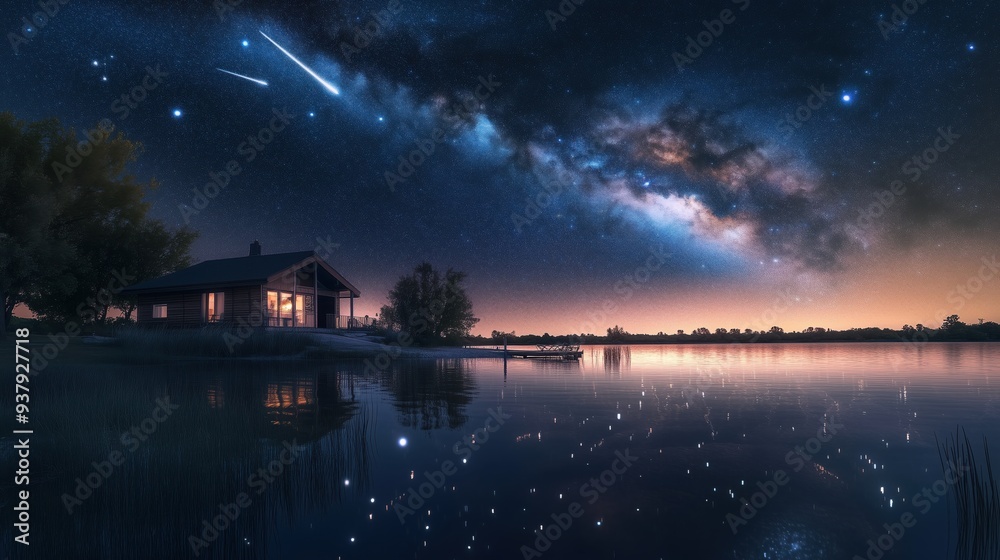 A house is on a lake at night with a shooting star in the sky. The scene is peaceful and serene A house is on a lake at night with a shooting star in the sky. The scene is peaceful and serene