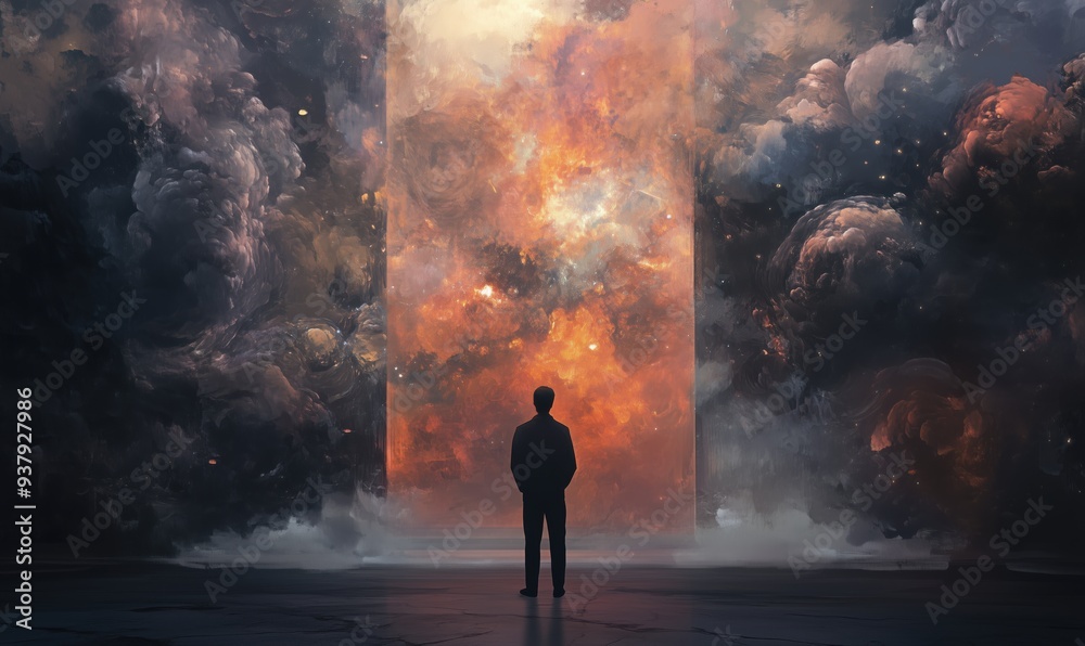 A man stands in front of a large, fiery opening. The scene is filled with smoke and fire, creating a sense of danger and mystery. The man is looking through the opening A man stands in front of a large, fiery opening. The scene is filled with smoke and fire, creating a sense of danger and mystery. The man is looking through the opening