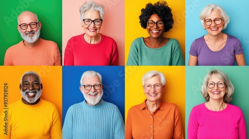 Headshots of diverse seniors, perfect for inclusive campaigns, life in retirement settings.
