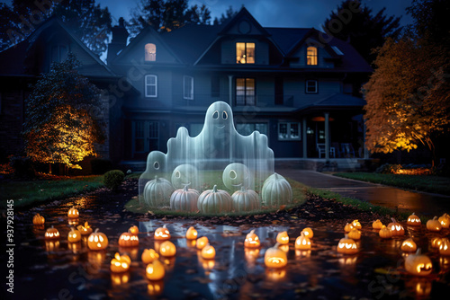 Photo of a colorful display of pumpkins and a ghost in front of a charming house photo