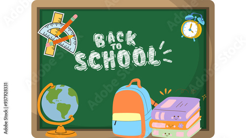 A chalkboard with school supplies, globe, and books, featuring 