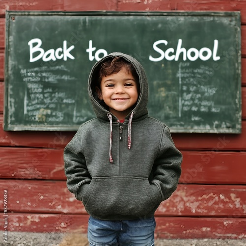 Schoolboy in gray hoodied shirt mockup, elementary school studend nere classroom board. Children's back to school, first school day blank tshirt template mock up. Kids autumn outfit mock photo