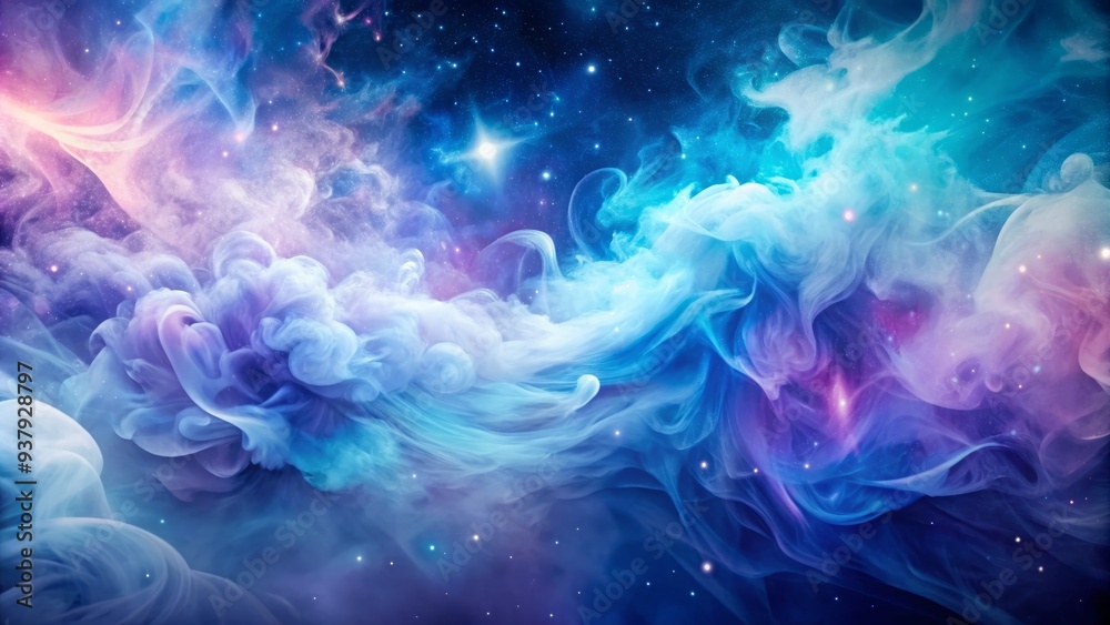 Fototapeta premium Dreamy abstract watercolor background with soft, blended hues of blue and purple, accentuated by wispy trails of ethereal smoke, evoking a sense of mystique.