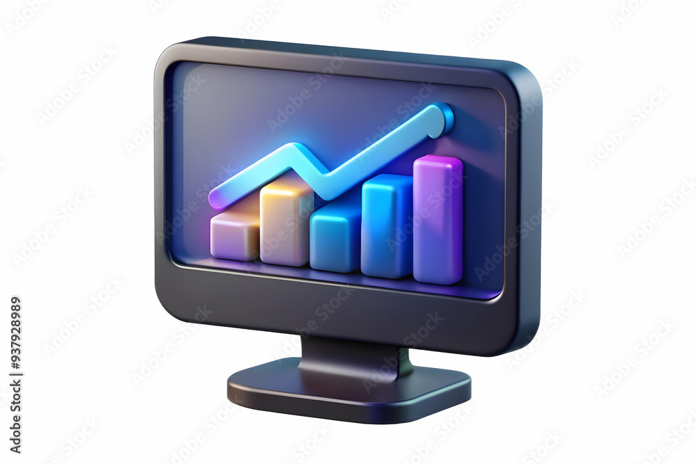 Desktop Monitor with Holographic Sales Graph concept as Horizontal shot of a desktop monitor on a white background with a glowing holographic sales graph floating above the screen offering a tech savv Desktop Monitor with Holographic Sales Graph concept as Horizontal shot of a desktop monitor on a white background with a glowing holographic sales graph floating above the screen offering a tech savv