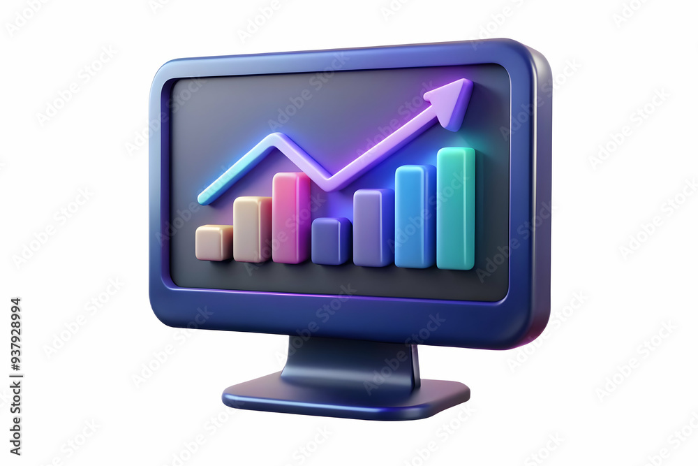 Desktop Monitor with Holographic Sales Graph concept as Horizontal shot of a desktop monitor on a white background with a glowing holographic sales graph floating above the screen offering a tech savv Desktop Monitor with Holographic Sales Graph concept as Horizontal shot of a desktop monitor on a white background with a glowing holographic sales graph floating above the screen offering a tech savv