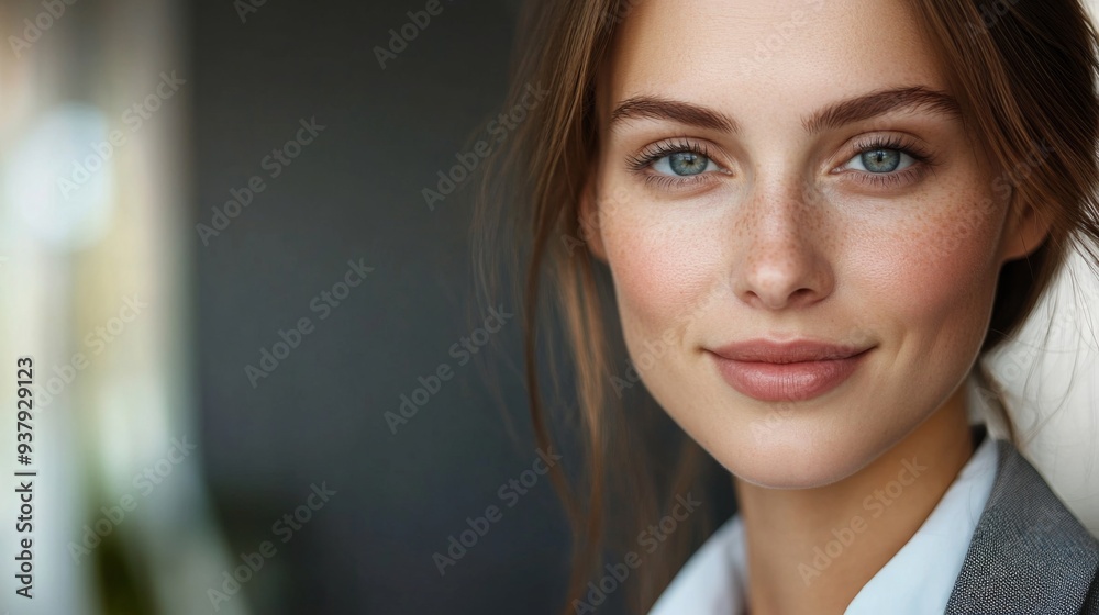 Close-up of a businesswoman with a professional yet approachable expression, wearing a smart blazer and with a clean, clear face Close-up of a businesswoman with a professional yet approachable expression, wearing a smart blazer and with a clean, clear face