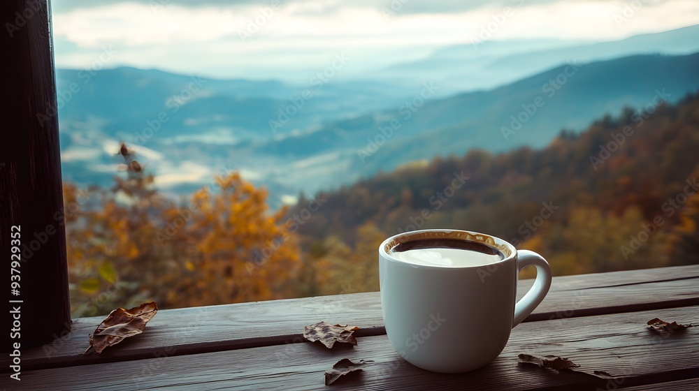 Coffee Cup on Wooden Table with Mountain View. Coffee Cup on Wooden Table with Mountain View.
