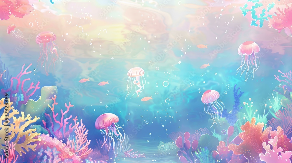 a pastel rainbow background with underwater scene, colorful coral reefs and playful fish swimming around the frame, This backdrop would be perfect for children's birthday party decoration