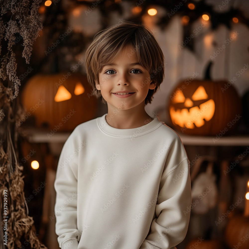 Fototapeta premium Kids Halloween tshirt mockup. Boy model in beige sweatshirt, standing near pumpkin holiday decoration background. Kids autumn, fall long sleeve tshirt mockup. Blank jumper template