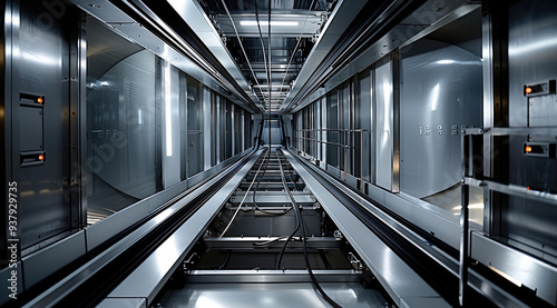 Looking down the elevator shaft, see the elevator car and the cables. Generative AI. photo