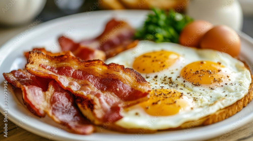 Close-up of a classic American breakfast plate with eggs, bacon, and toast Close-up of a classic American breakfast plate with eggs, bacon, and toast