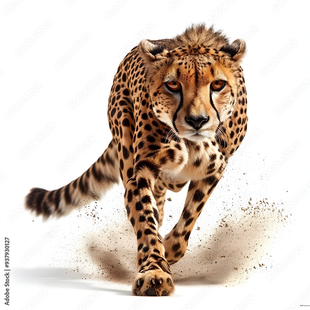 Sleek Cheetah Sprinting with Focused Eyes on White Background Sleek Cheetah Sprinting with Focused Eyes on White Background