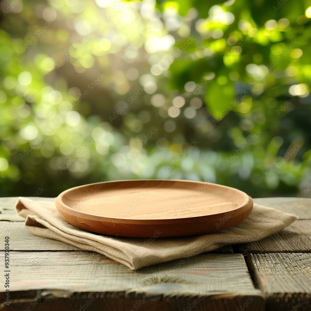 Empty wooden plate on table with blurred green garden background, for product display montage on natural linen cloth napkin in front of blurred park or forest landscape. Empty wooden plate on table with blurred green garden background, for product display montage on natural linen cloth napkin in front of blurred park or forest landscape.