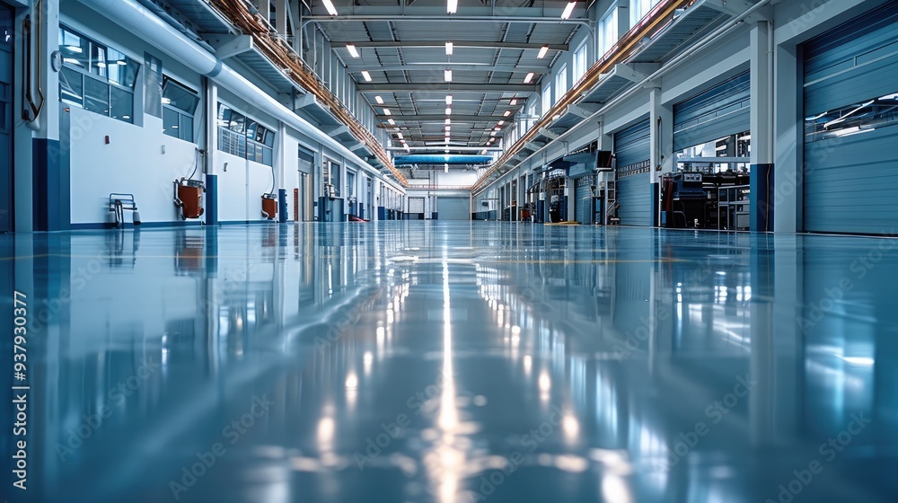 Fototapeta premium Factory interior, clean, gray floor. Generative AI.