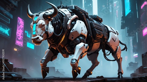 cyberpunk action ox animal weaponize cyborg background photo