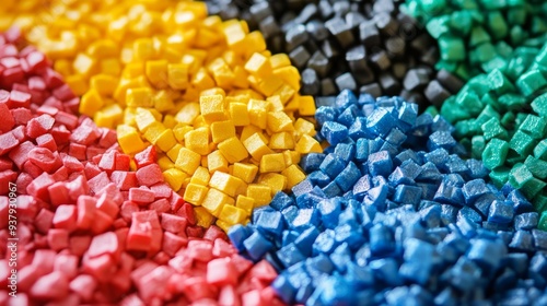 Bioplastic granules of different colors. concept of nature conservation and waste recycling