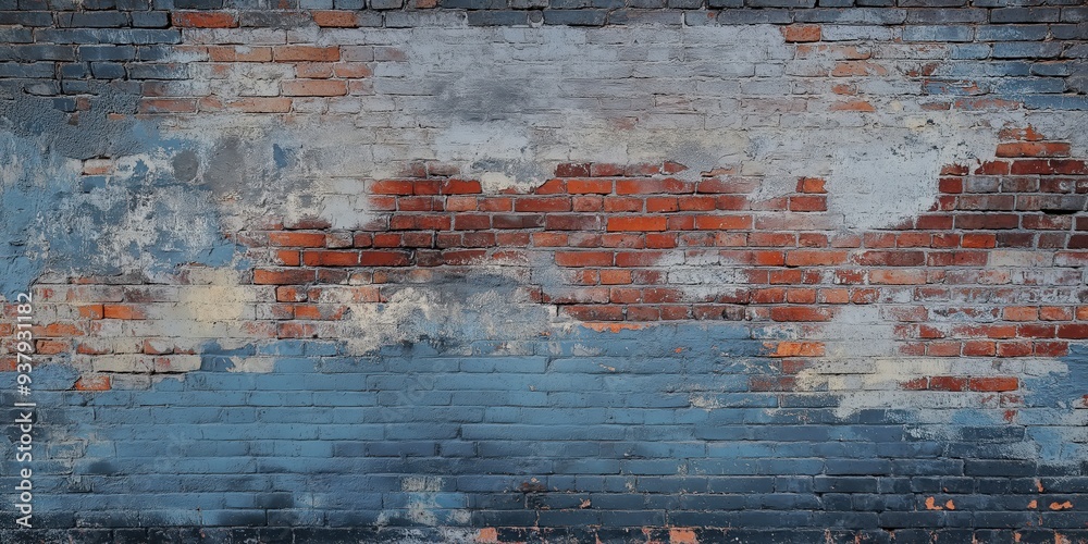 Weathered brick wall painted blue with peeling paint. Weathered brick wall painted blue with peeling paint.