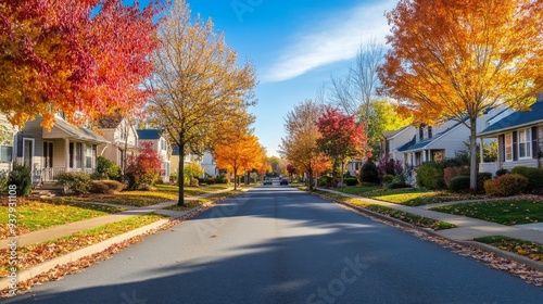 Close-up of a charming, tree-lined street with colorful fall foliage and a clear blue sky