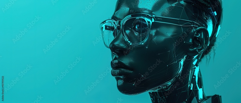 Holographic portrait of a futuristic android, teal and blue highlights . Holographic portrait of a futuristic android, teal and blue highlights .