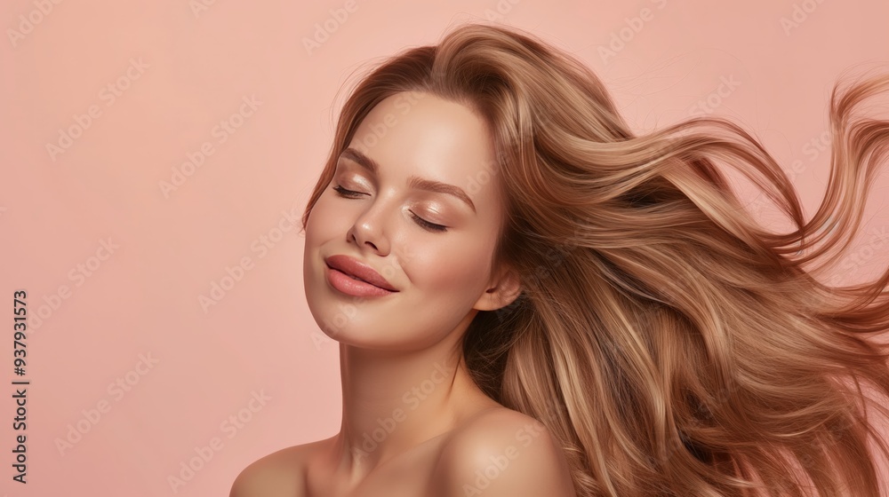 A smiling fashion model with blonde hair isolated on a soft pastel background with copy space. Blonde hair care products banner template A smiling fashion model with blonde hair isolated on a soft pastel background with copy space. Blonde hair care products banner template