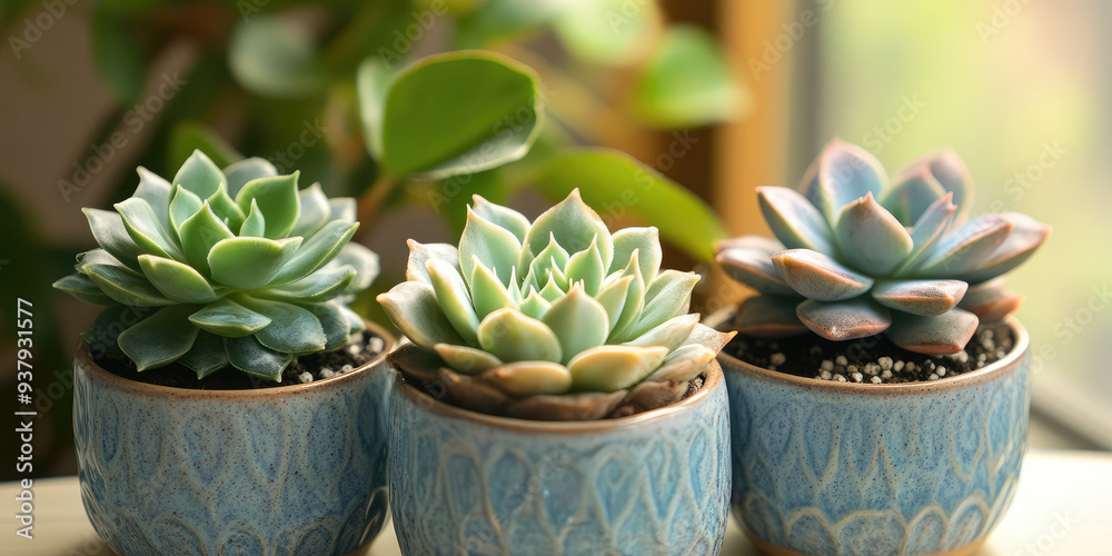 Different cute succulents in pots in the interior of the apartment. Interior decorations in modern style. Different cute succulents in pots in the interior of the apartment. Interior decorations in modern style.