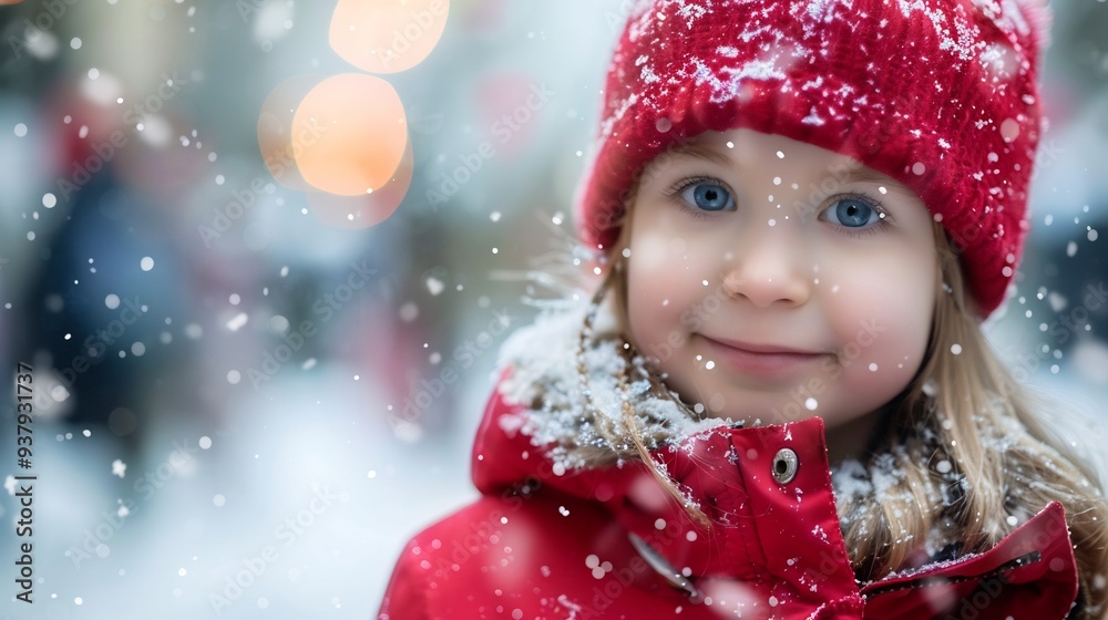 A Young Girl in a Red Hat and Jacket Smiles as Snow Falls Around Her A Young Girl in a Red Hat and Jacket Smiles as Snow Falls Around Her