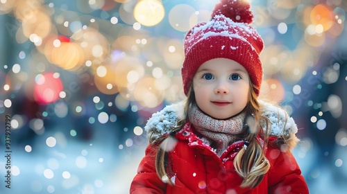 Young girl in red winter clothes with snow falling around her