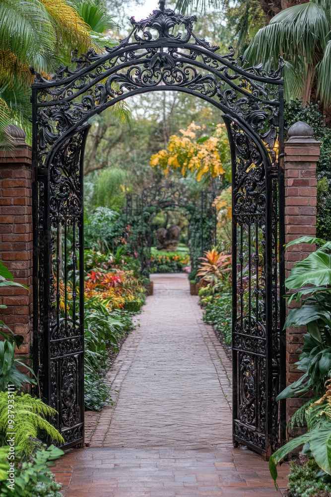 Obraz premium Bronze Garden Gate, An inviting bronze gate opens into a vibrant, lush garden, encouraging visitors to explore the natural beauty inside