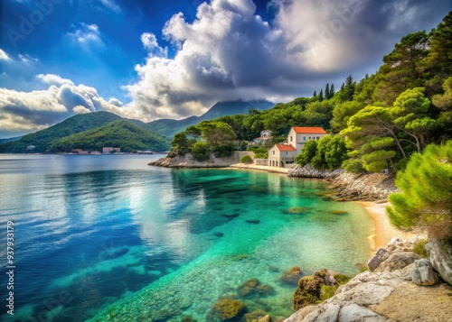 Serenene turquoise waters of Pupnatska Luka beach on KorÄula island gaze out at distant Lastovo island, shrouded in mist, in Croatia's idyllic Adriatic coastal scene. photo