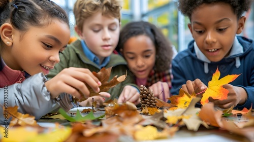 Science class with students examining autumn leaves and natural specimens, hands-on learning with a fall theme, Autumn Science Lab, Hands-On Education