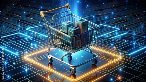 A 3D illustration of a futuristic shopping cart filled with digital products and gadgets, surrounded by glowing circuits and wires, on a dark background. photo