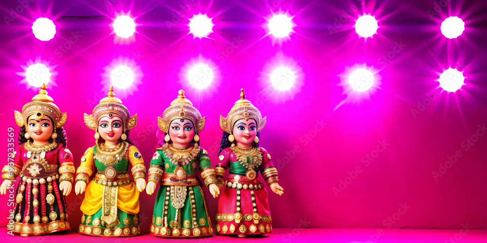 Dussehra Puppetry Show concept as Mid shot of a traditional Dussehra puppetry show with glossy puppets reflecting the stage lights creating a magical and nostalgic atmosphere perfect for a festival th Dussehra Puppetry Show concept as Mid shot of a traditional Dussehra puppetry show with glossy puppets reflecting the stage lights creating a magical and nostalgic atmosphere perfect for a festival th