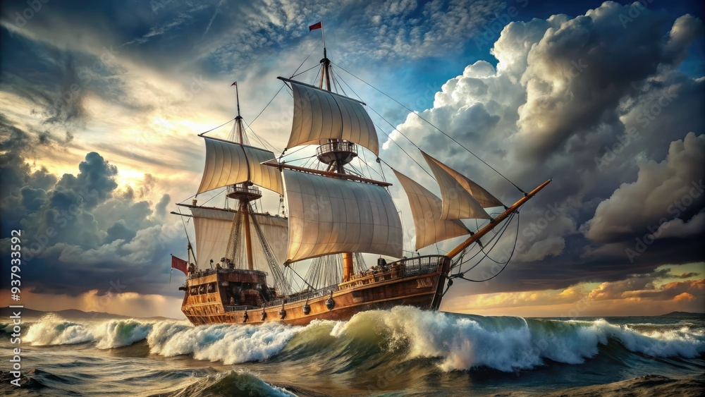 Ship Setting A 16th-century wooden sailing ship navigates through treacherous waters ...