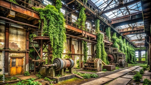 Abandoned, rusting machinery and crumbling concrete walls stand as a testament to the decay of a once-thriving industrial facility, now overgrown with vines and neglect. photo