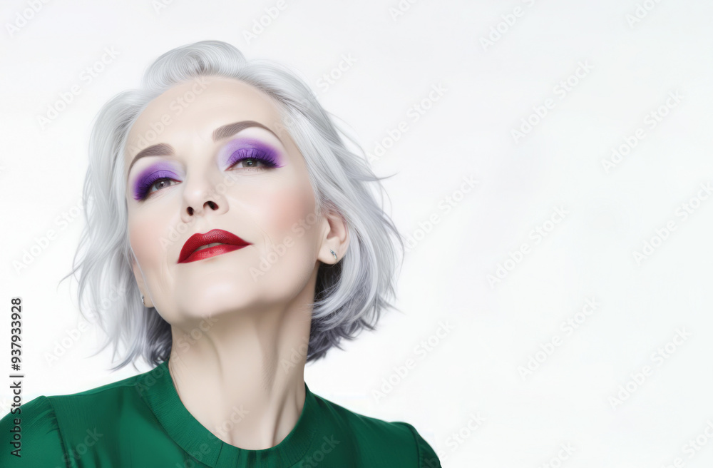 Portrait of beautiful mature woman with white hair and purple bright make-up Portrait of beautiful mature woman with white hair and purple bright make-up