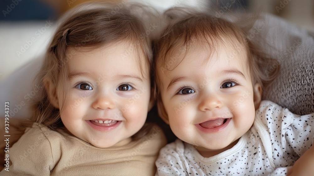 Happy identical twins smiling together in cozy home setting Happy identical twins smiling together in cozy home setting